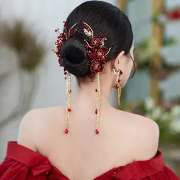 Свадебные украшения для волос 2pcs установлены красные сказочные кустарники для волос Серьги наборы цветочные китайские аксессуары для свадеб 231013
