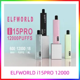 Elfworld i15Pro 12000puffs 18ML de bobina de malha e-líquido 10 sabores disponíveis integrado 600mAh bateria tipo C carregador Crazvapes