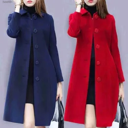 Women's Wool Blends S-4XL Autumn Women Coat Mid-Längd Single-Breasted Solid Color Turn-Down Collar Elegant Soft Plus Size Warm Winter Jacketl231014