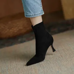 Boots Women's Boots Autumn Winter Stretch Fabric Sock Mid-Calf Boots Sexy Wide Thight High Heels Shoes Pointed Toe Pumps 231013
