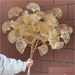 Decorative Flowers Wreaths Three-Pronged Fan Leaf Netting Artificial Gold Ginkgo Eucalyptus Holly For Wedding Arch Flower Arrangem Dhz2G
