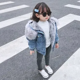 Down Coat Baby Girl Deinm Jacket Winter Toddler Kids Faux Fur Hooded Fleece Warm Denim Coat 1-10Years Children Thick Outwear Coat Overcoat J231013