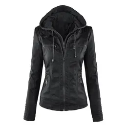 Plus Size Moto Jacket Streetwear Women Zipper Coat Hooded Hoodie Ladies Outerwear faux leather PU female Jacket Winter Coat246Y