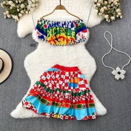 Two Piece Dress Runway Holiday 2 Pieces Set Women Off Shoulder Slash Neck Colorblock Print Short Sleeve Crop Tops Pleated Mini Skirts Suits 2024