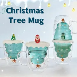 Tassen Kreative Weihnachtsbaum-Tasse mit Deckel, doppelwandige isolierte Glas-Kaffeetasse für Damen und Herren, Büro-Tasse, Weihnachtsfeier-Geschenke, 231013