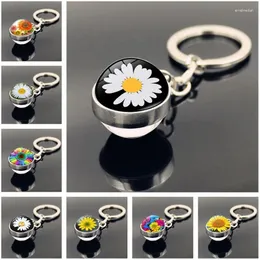 Keychains WG 1pc Sunflower Flower Cabochon Keychain Keyring Pendant Daisy Double-sided Glass Ball Key Chain Ornament Jewellry Accessories