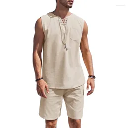 Homens Tracksuits Mens Conjuntos de Linho Outfits 2 Peça Praia Drawstring Tank Tops Camisa Sem Mangas Combinando Shorts Set Hippie Casamento