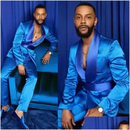 Men'S Suits Blazers Mens Two-Piece Suit Silk Satin Wedding Tuxedo Summer Party Dress Fitted Fashion Blue Business Pointed Lapel Ja Dhxo8