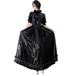 Günlük elbiseler erkek sissy pvc deri kadınlar kısa puflu kol a-line uzun elbise seksi ıslaklık vestidos egzotik ince pu club wearcasu238t