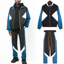 Rhude Mens 스포츠 스웨트 팬츠 긴 바지 인쇄 힙합 색상 일치하는 지퍼 재킷 스타일 스포츠 및 레저 정장