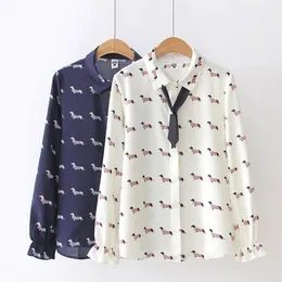 Söt Dachshund Print Women Blus Chiffon Shirt Preppy Style Dog Print Turn-Down Collar Bowtie Flare Sleeve Spring Autumn T83701 2322a