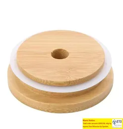 100 tampas de tampa de bambu 70mm 88mm tampa de frasco de pedreiro de madeira reutilizável com furo de palha e selo de silicone DHL Delivery3583156