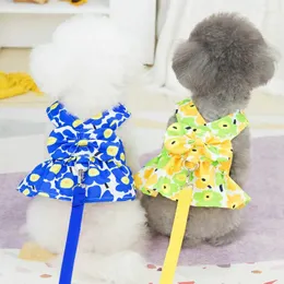 Dog Apparel Spring And Summer Bow Collar Skirt Pet Harness Puppy Clothes Princess Dresses Flower Printing Cute Vest Breast Strap