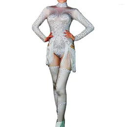 Bühnenkleidung, weiß, glänzend, funkelnde Kristall-Strasssteine, langärmelig, sexy Frauen, Quasten-Bodysuit, Strumpf, Nachtclub-Kleidung, Kostüme