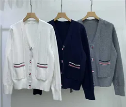 Autumn and Winter New TB British V-neck Cardigan Pocket Contrast Color Stripe Ripple Craft Long Sleeve Knitted Women's Fashion