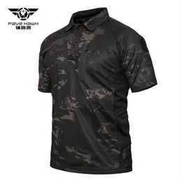 Esportes ao ar livre tático manga curta gola polo camiseta masculina treinamento físico caminhadas acampamento camuflagem secagem rápida fina militar t 246i