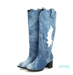 Boots ymechic Black Blue Blue Denim Long High High Western Cowboy للنساء لخياطة فارس طويل القامة