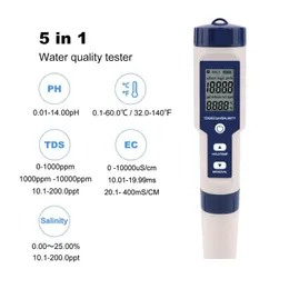 PH-Meter Großhandel Professioneller digitaler Wassertester 5 in 1 PH/TDS/EC/Salzgehalt/Temperaturstift Wasserdichter MTI-Funktionsmesser Drop D Dh2Yz