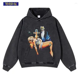 Men's Hoodies TIDESHEC Hip Hop Vampire Graphic Print Hooded Sweatshirt Streetwear 2023 Harajuku Punk Gothic Pullover Vintage Black Hoodie