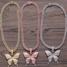 Bijoux fins plaqué or Micro pavé CZ Zircon cubique diamant chaîne à maillons cubains avec collier papillon Hip Hop Jewelry282O