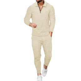 Survêtements pour hommes POLO gaufré à manches longues couleur unie haut à carreaux décontracté confortable T-shirt pantalon - Business ensemble 2 pièces