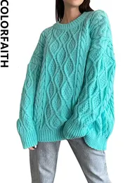 Suéteres femininos Colorfaith SW3191JX Y2K pullovers vintage oversized elegante malha elegante outono inverno mulheres suéteres selvagens tops 231013