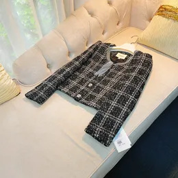 2023 Autumn Black Plaid panelerad tweedjacka långärmad rund halsknappar enkelbröst jackor kappa korta outwear a3o116645