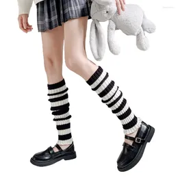 Women Socks Punk Black White Rands Ribbed Knit Knee High 37JB