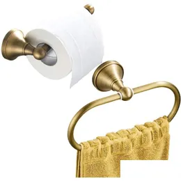 Bath Accessory Set Bath Accessory Set Impeu Toilet Paper Holder And Towel Ring Wall Mounted Antique Brass Brushed Bronze Home Garden B Dhbtd