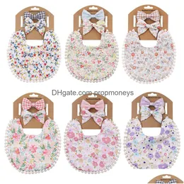 Bibs & Burp Cloths Baby Bib Double-Faced Bibs Grid Printing Burp Cloth Cotton Flax Bow Headband Hair Accessories Infant Set 3 Pieces K Dh8Ge