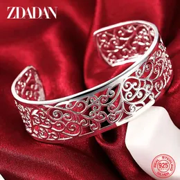 Bangle ZDADAN 925 Sterling Silver Hollow Out Textura Open Cuff Pulseira Bangles para Mulheres Homens Festa Jóias Presentes de Casamento 231013