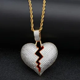 Iced out CZ Broken Love Heart pendant necklaces Bling Cubic zirconia Gold Silver charm ed chain For women men Rapper Hip Hop 286p