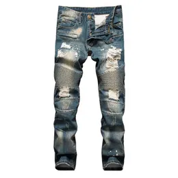 Мужские джинсы, мужские рваные весенне-осенние облегающие эластичные джинсовые брюки, мужские плиссированные мотоциклетные байкерские брюки в стиле хип-хоп Homme 42 40197P
