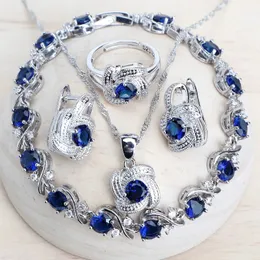 Bröllopsmycken set Blue Zirconia Women 925 Sterling Silver Bridal Costume Jewellery Earrings Rings Armband Pendant Necklace 231013