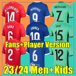 2023 2024 MEMPHIS SOCCER Jerseys Home Away M. Llorente Correa Camiseta Football Shirts Men Kids Griezmann R. Carrasco de Paul Atletico Madrids 120. rocznica.