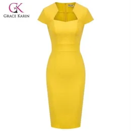 Grace Karin Women Retro Vintage Bodycon Sukienka czapka rękaw Wysokie rozciąganie Slim Fit Sukienki Lady Solid Work Office sukienka Y20041238N