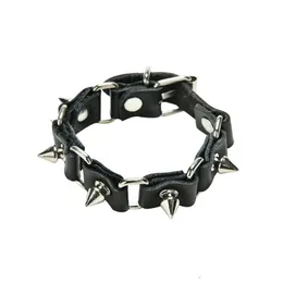 JettingBuy 1pc Cool Wolf Tooth Bangle Fashion Gothic Metal Cone Stud Spikes Rivet Leather Wristband Men Punk Style303C