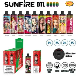 2023 Fransa En Popüler Sunfire 8000 Puflar Teknik Meyve Tatları Vape Kalem Cihazı 18ml 600mAh USB C Şarj Edilebilir Pil 0% 2% 5 Kutu Ambalajı ile