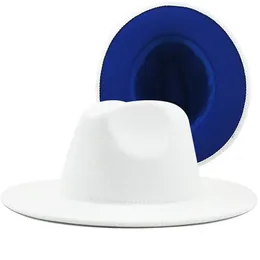 2020 Donna Uomo Bianco con fondo blu Patchwork Feltro di lana Jazz Cappelli Fedora Moda Tesa larga Panama Cappellino per feste Cappello da sposa257M