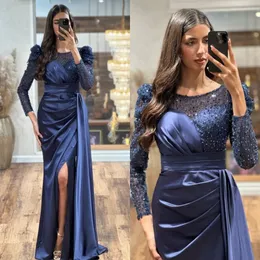 Marineblaues Meerjungfrau-Abendkleid, U-Ausschnitt, lange Ärmel, Party-Abschlussballkleider, Falten, geteilt, formelles langes Kleid für besondere Anlässe