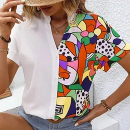 Women's Blouses 2023 Summer Short Sleeve Blouse Women Tops Fashion Patchwork Color Shirt V-neck Casual Loose Clothes Blusa Mujer 26456