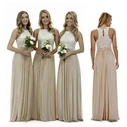 2023 Sexy Champagne Bridesmaid Dresses Lace Top Chiffon Sleeveelss Beach Bridesmaids Dress Wedding Guest Gowns Country Maid of Honor Dress