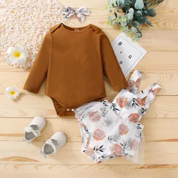 Set di abbigliamento Autunno Inverno 3 pezzi Set di vestiti per bambina 6 9 12 18 24 mesi T-shirt floreale a maniche lunghe con gonna a tracolla Abiti Roba per bambini