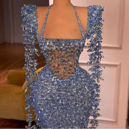 Vestido de noite roupas femininas Balqeesfathi Nawalelzoghbi Contas Bainha Azul Manga Longa Sereia Split Yousef aljasmi Myriam fares kim2765