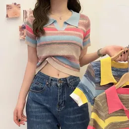 Women's Sweaters Runway Summer Fashion Women Hit Color Striped Pullovers Korean Short Sleeve Casual POLO Collar Ice Silk Knitted Top