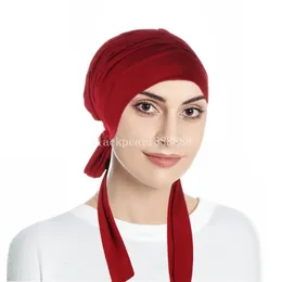 Solid Color Crystal Hemp Hijab Cap Soft Elastic Muslim Head Wrap Pleated Long Tail Bow Women Turban Bandana Bonnet