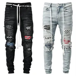 Mens Moto Biker Jeans Hip Hop Embroider Black Blue Cool Skinny Ripped Stretch Slim Elastic Denim Pencil Pants Male S-3XL Y0127253D