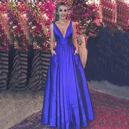 Party Dresses Royal Blue Evening Dress 2023 Simple Sexy V Neck Women Formal Sash A Line Satin Prom Pockets Vestidos de Festa