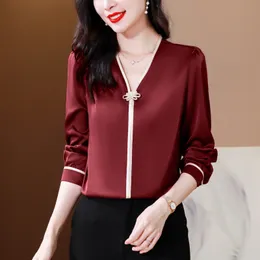 Chin Silk Silk Red Blouses for Woman Designer Satin Tops Autumn Winter Fashion V-Neck Bluzka 2023 Office Dam Casual wszechstronne, solidne top