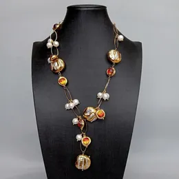 Chokers Y.ing Freshwater Cultured White Biwa Pearl Brown Murano Glass Chain Pearl Y-Drop Necklace 21 "231013